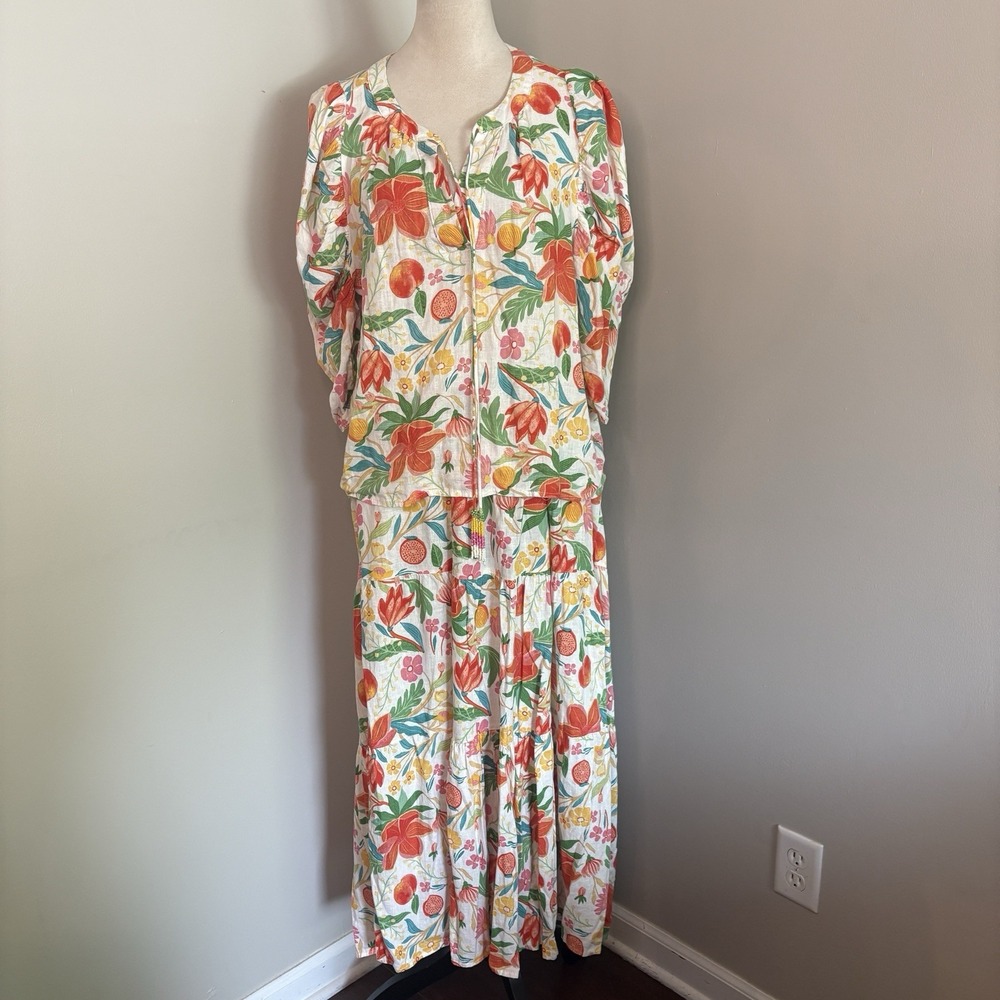C&C California Linen Blend 2pc Matching Set Tropical Floral Fruit Maxi Skirt XL